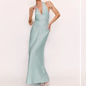Reformation Backless Halter Dress in Soft Blue